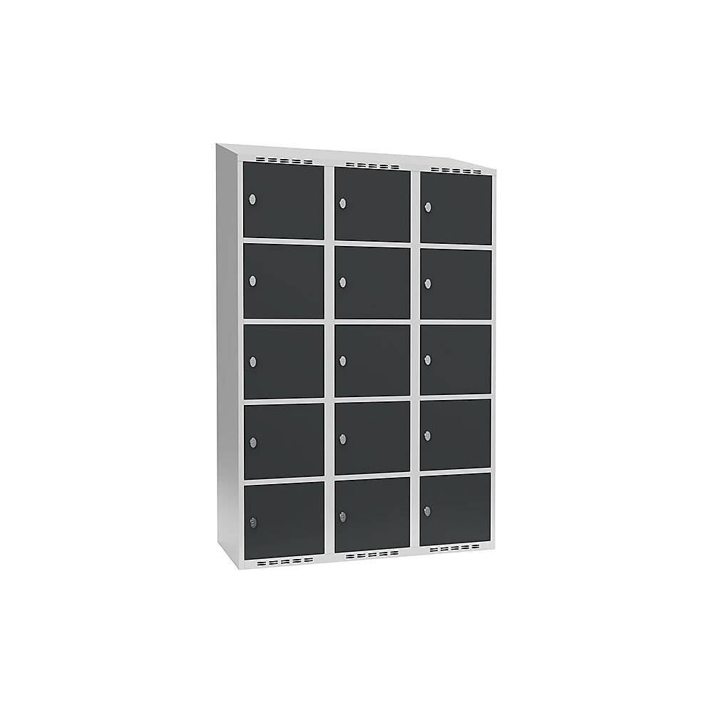 Armario de compartimentos bajo llave Fydor, 5 compartimentos, gris luminoso / gris, A 1200 mm, 3 compartimentos, techo inclinado, candado