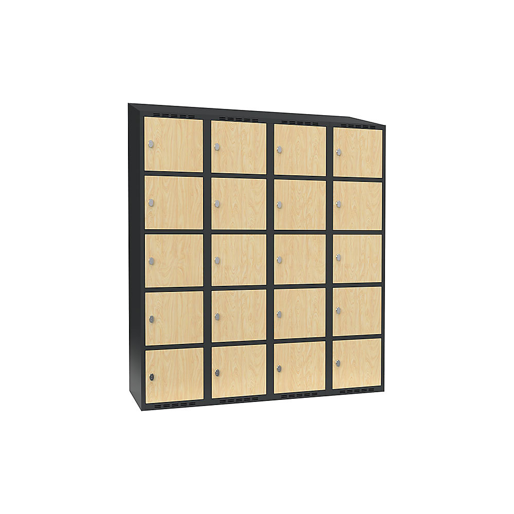 Armario de compartimentos bajo llave Fydor, 5 compartimentos, gris / abedul, A 1200 mm, 4 compartimentos, techo inclinado, candado