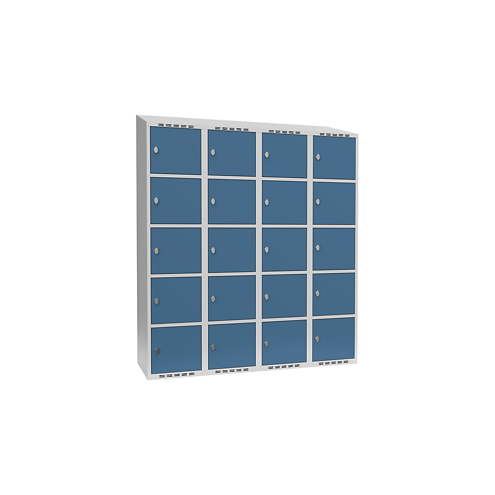 Armario de compartimentos bajo llave Fydor, 5 compartimentos, gris luminoso / azul brillante, A 1200 mm, 4 compartimentos, techo inclinado, candado
