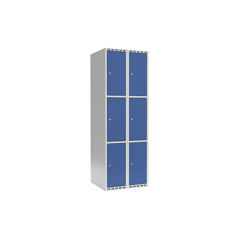 Lockerkast Fydor, 3 vakken, lichtgrijs / briljantblauw, b = 600 mm, 2 compartimenten, platte bovenkant, cilinderslot