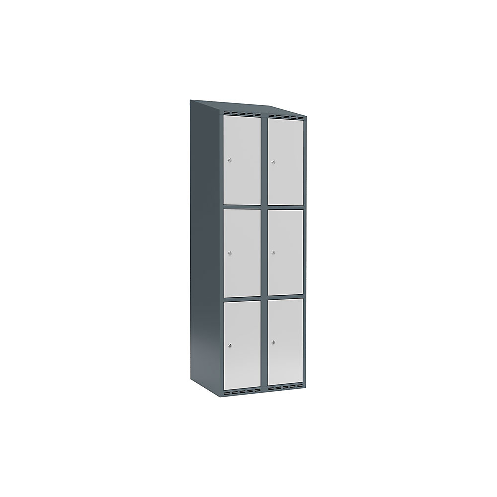 Armario de compartimentos bajo llave Fydor, 3 compartimentos, gris azulado / gris luminoso, A 600 mm, 2 compartimentos, techo inclinado, cerradura de cilindro