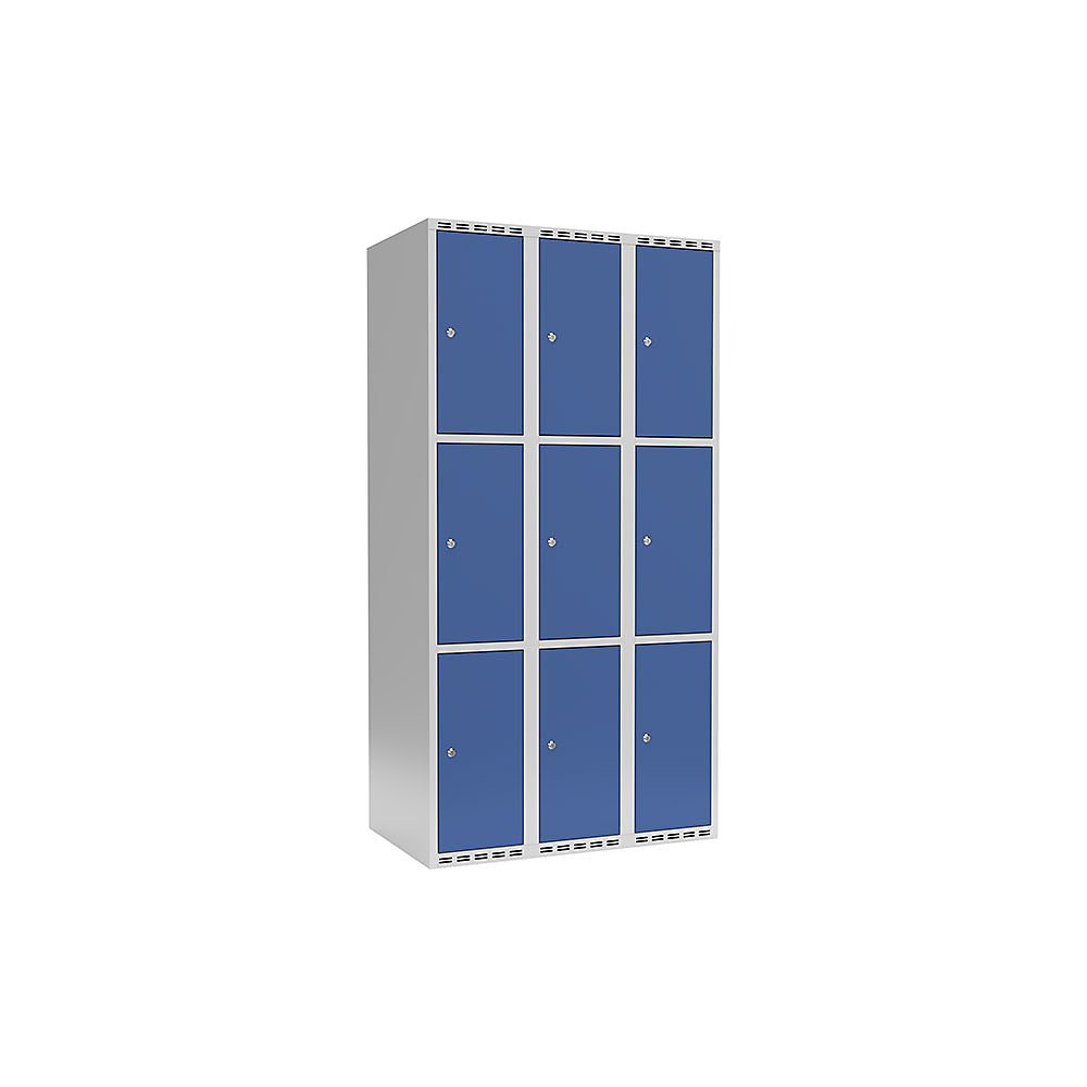 Lockerkast Fydor, 3 vakken, lichtgrijs / briljantblauw, b = 900 mm, 3 compartimenten, platte bovenkant, cilinderslot