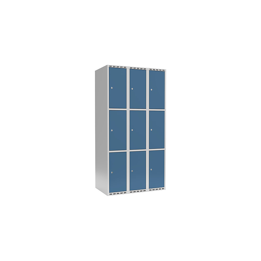 Armario de compartimentos bajo llave Fydor, 3 compartimentos, gris luminoso / azul brillante, A 900 mm, 3 compartimentos, techo plano, cerradura de cilindro