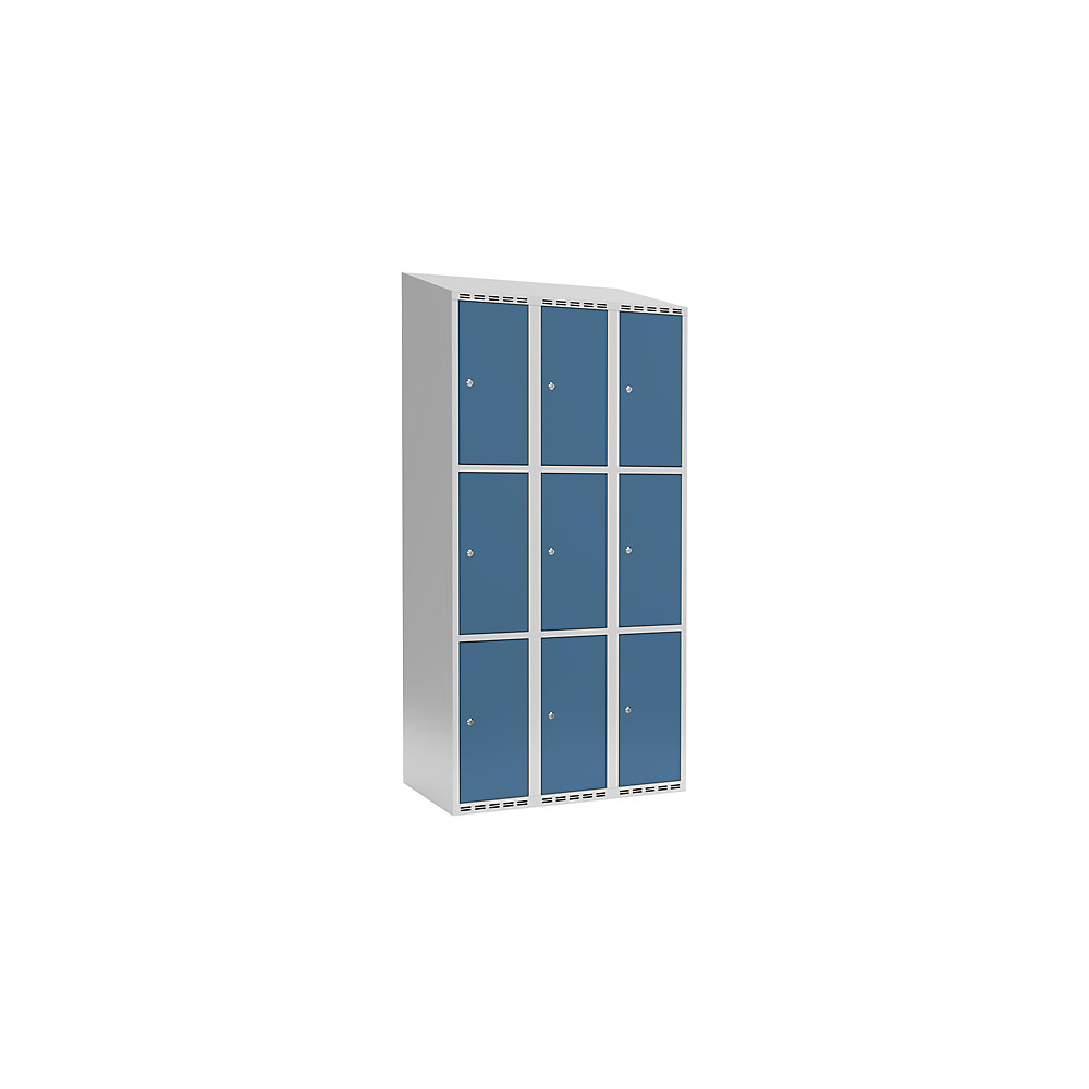 Armario de compartimentos bajo llave Fydor, 3 compartimentos, gris luminoso / azul brillante, A 900 mm, 3 compartimentos, techo inclinado, cerradura de cilindro