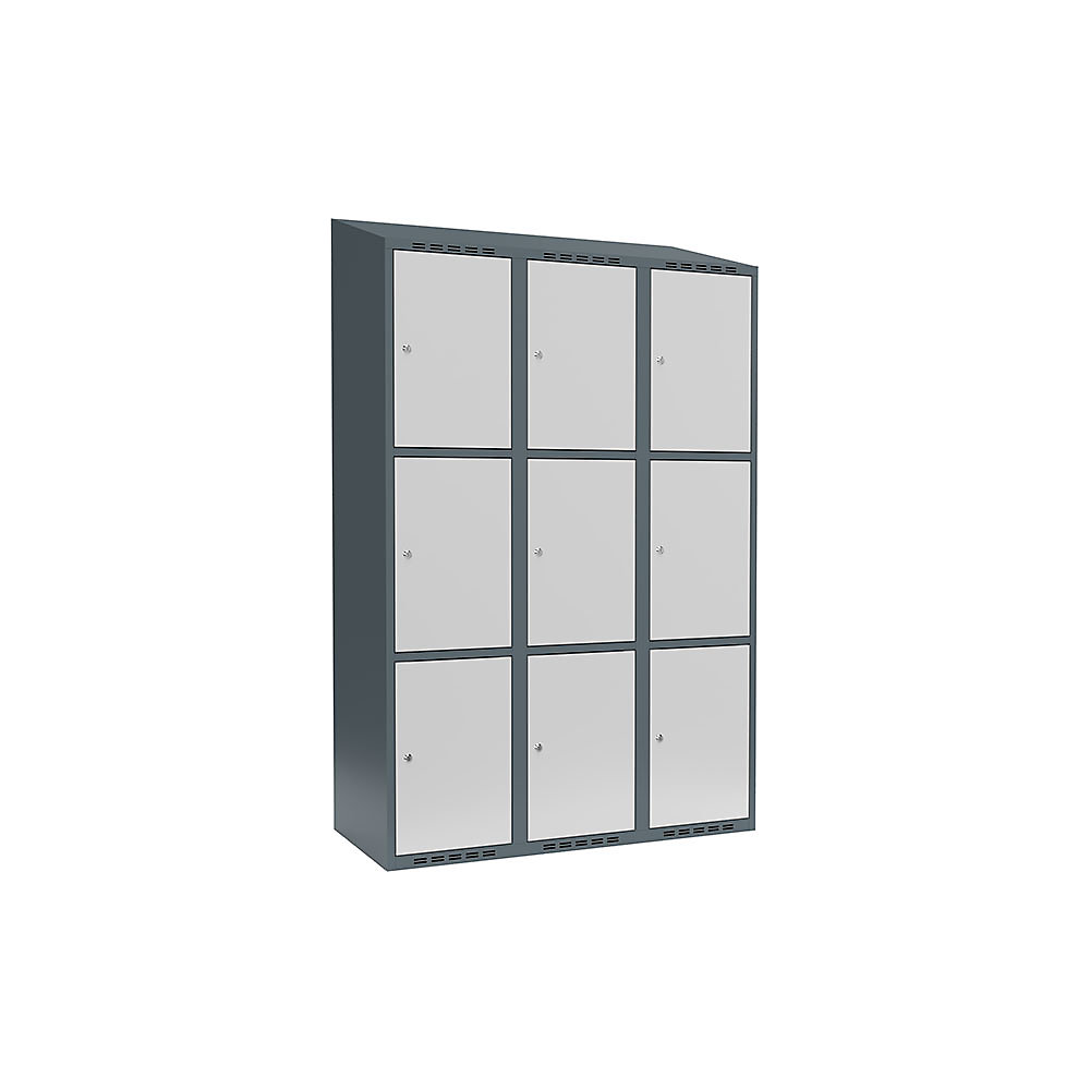 Armario de compartimentos bajo llave Fydor, 3 compartimentos, gris azulado / gris luminoso, A 1200 mm, 3 compartimentos, techo inclinado, cerradura de cilindro