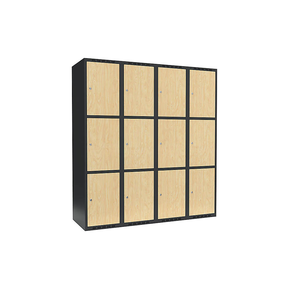 Armario de compartimentos bajo llave Fydor, 3 compartimentos, gris / abedul, A 1200 mm, 4 compartimentos, techo plano, cerradura de cilindro