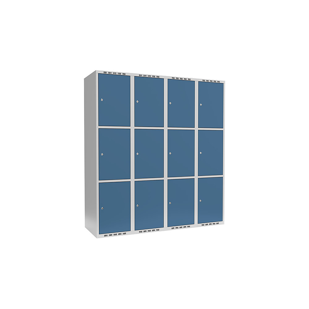 Armario de compartimentos bajo llave Fydor, 3 compartimentos, gris luminoso / azul brillante, A 1200 mm, 4 compartimentos, techo plano, cerradura de cilindro