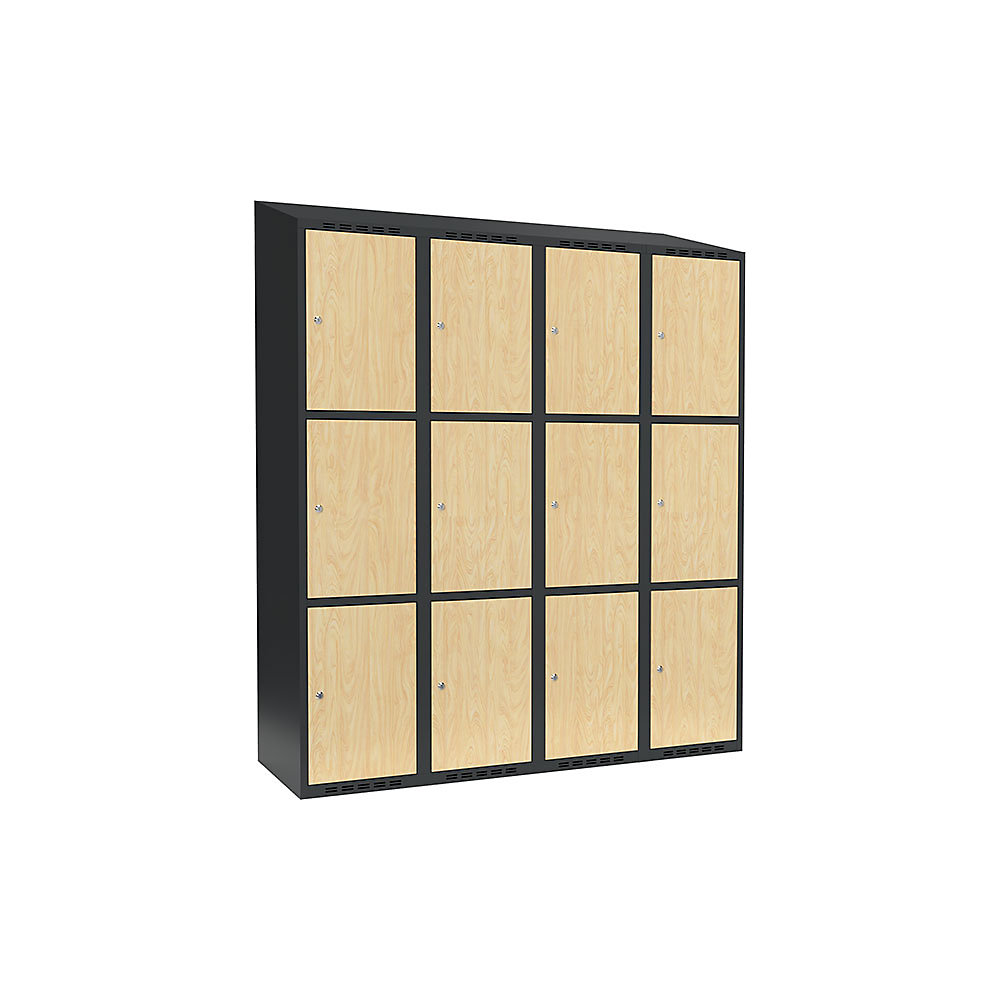 Armario de compartimentos bajo llave Fydor, 3 compartimentos, gris / abedul, A 1200 mm, 4 compartimentos, techo inclinado, cerradura de cilindro