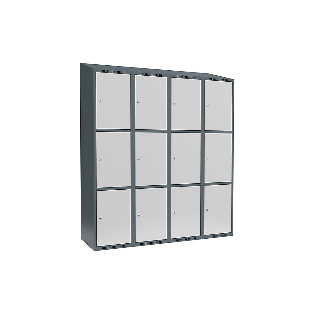Armario de compartimentos bajo llave Fydor, 3 compartimentos, gris azulado / gris luminoso, A 1200 mm, 4 compartimentos, techo inclinado, cerradura de cilindro