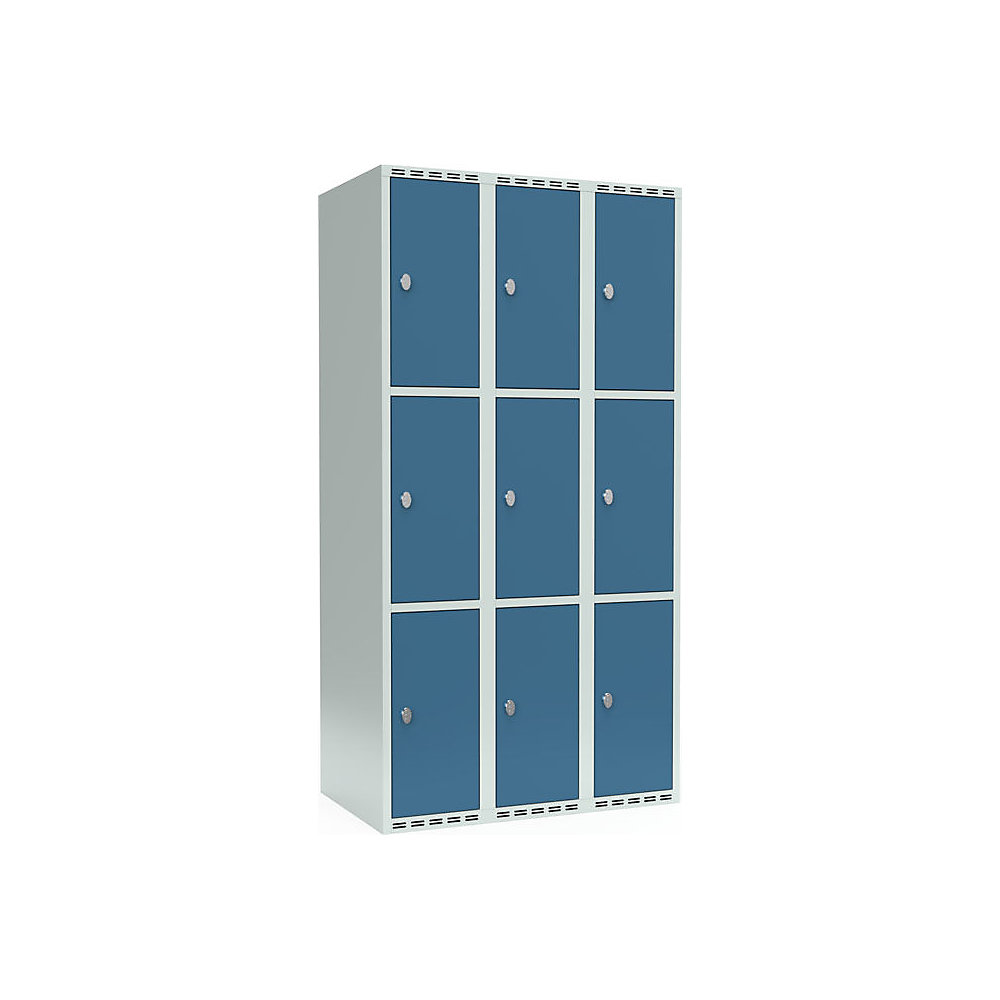 Lockerkast Fydor, 3 vakken, lichtgrijs / briljantblauw, b = 900 mm, 3 compartimenten, platte bovenkant, hangslot