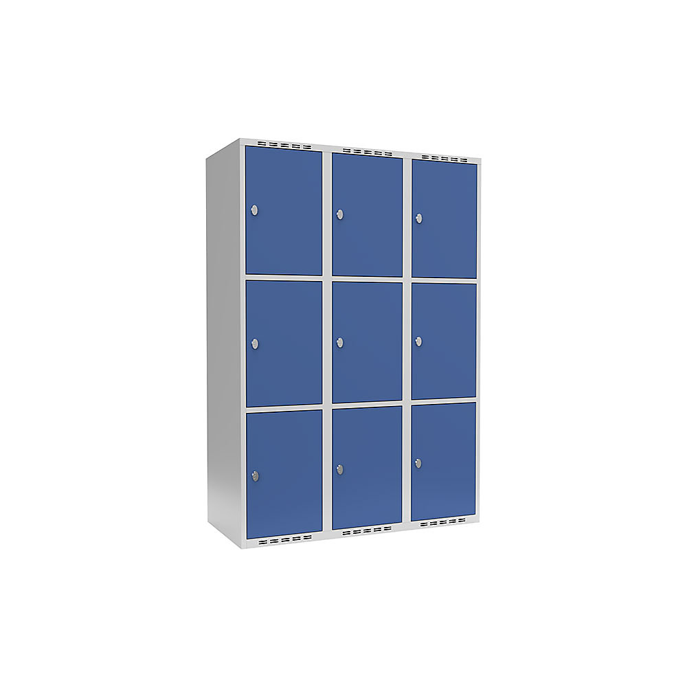Lockerkast Fydor, 3 vakken, lichtgrijs / briljantblauw, b = 1200 mm, 3 compartimenten, platte bovenkant, hangslot