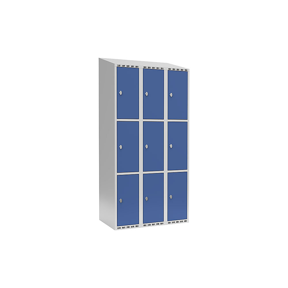 Lockerkast Fydor, 3 vakken, lichtgrijs / briljantblauw, b = 900 mm, 3 compartimenten, schuine bovenkant, hangslot