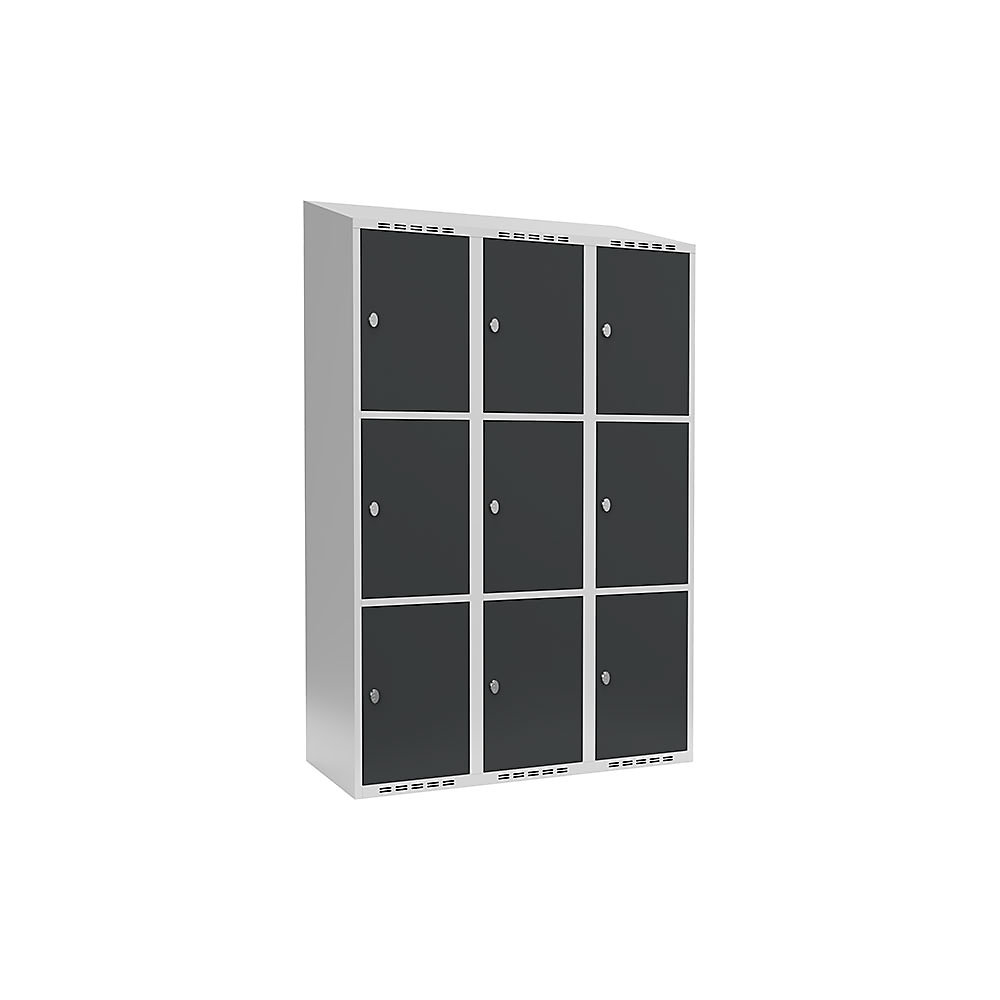 Armario de compartimentos bajo llave Fydor, 3 compartimentos, gris luminoso / gris, A 1200 mm, 3 compartimentos, techo inclinado, candado