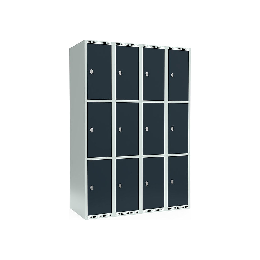 Armario de compartimentos bajo llave Fydor, 3 compartimentos, gris luminoso / gris, A 1200 mm, 4 compartimentos, techo plano, candado