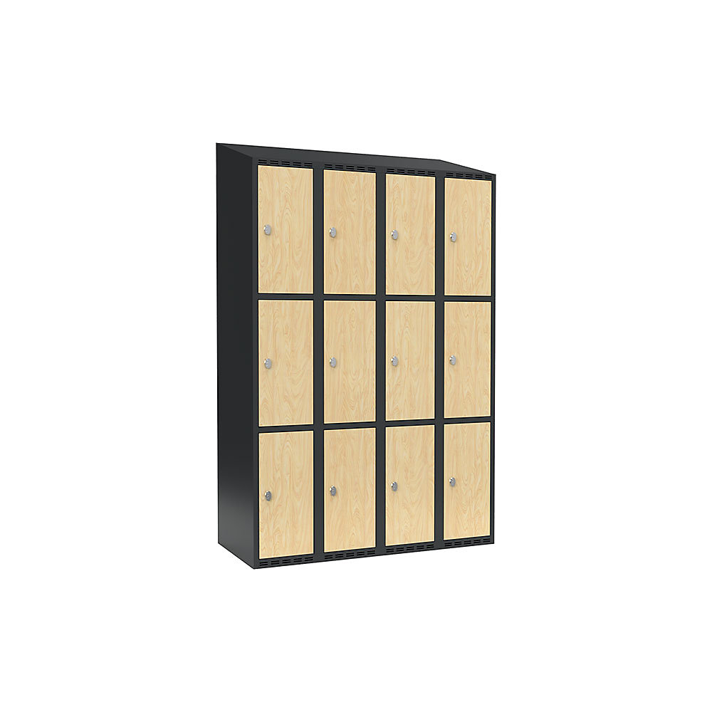 Armario de compartimentos bajo llave Fydor, 3 compartimentos, gris / abedul, A 1200 mm, 4 compartimentos, techo inclinado, candado