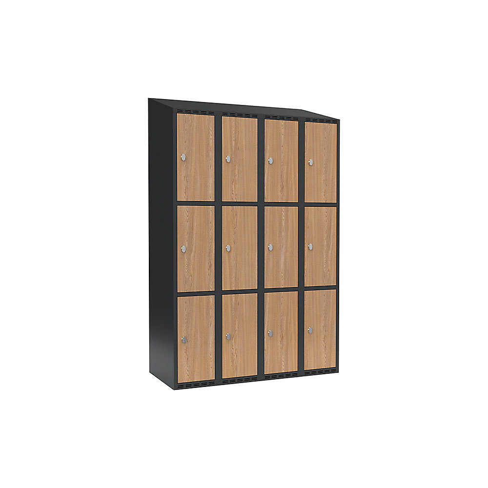Armario de compartimentos bajo llave Fydor, 3 compartimentos, gris / roble, A 1200 mm, 4 compartimentos, techo inclinado, candado