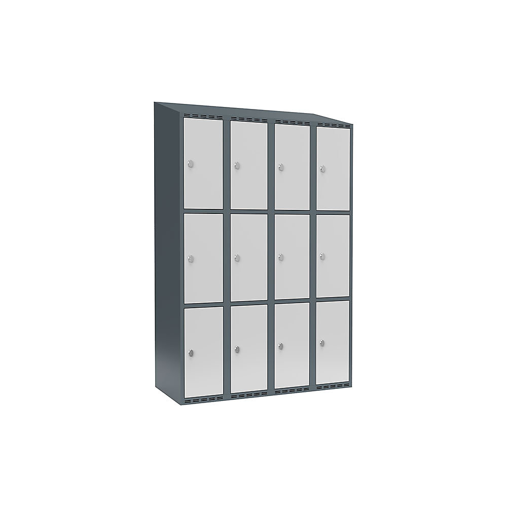 Armario de compartimentos bajo llave Fydor, 3 compartimentos, gris azulado / gris luminoso, A 1200 mm, 4 compartimentos, techo inclinado, candado