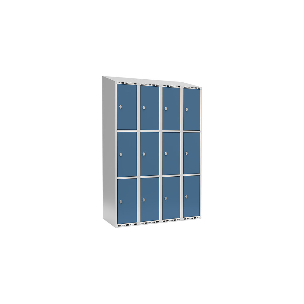 Armario de compartimentos bajo llave Fydor, 3 compartimentos, gris luminoso / azul brillante, A 1200 mm, 4 compartimentos, techo inclinado, candado