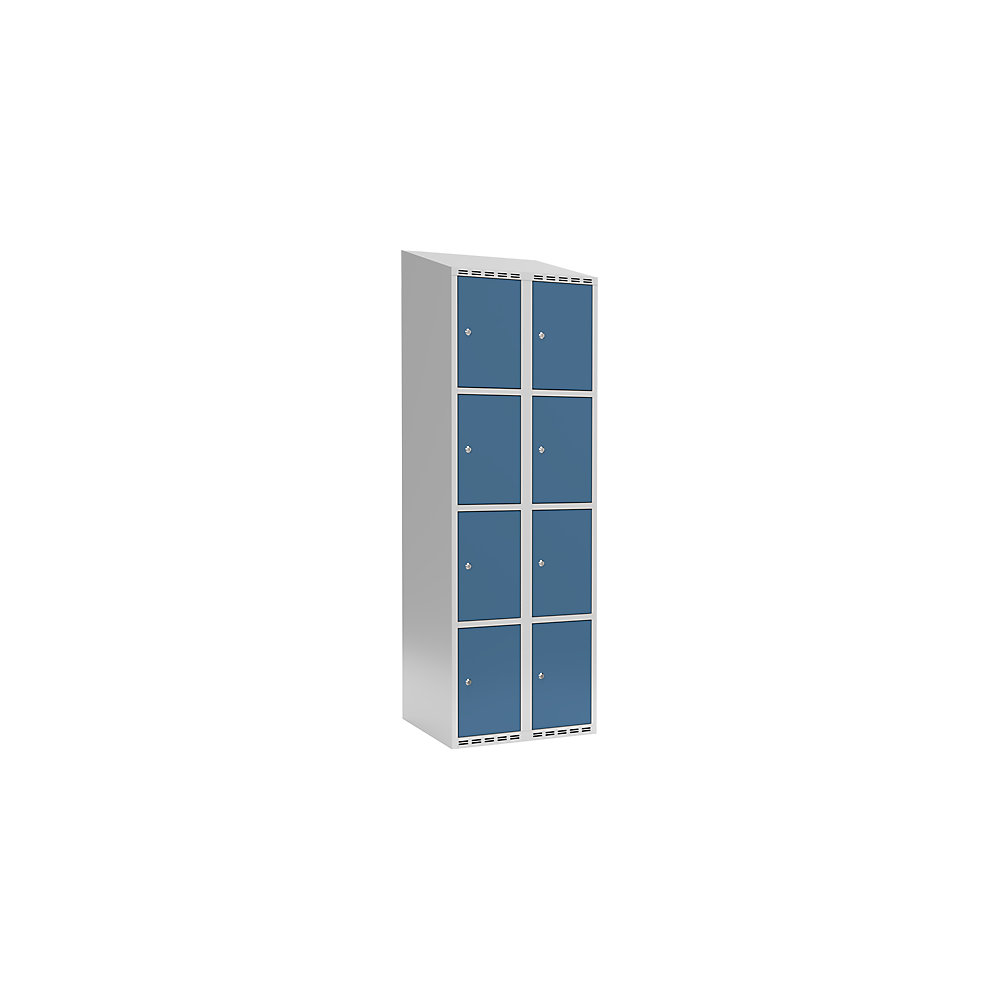 Armario de compartimentos bajo llave Fydor, 4 compartimentos, gris luminoso / azul brillante, A 600 mm, 2 compartimentos, techo inclinado, cerradura de cilindro