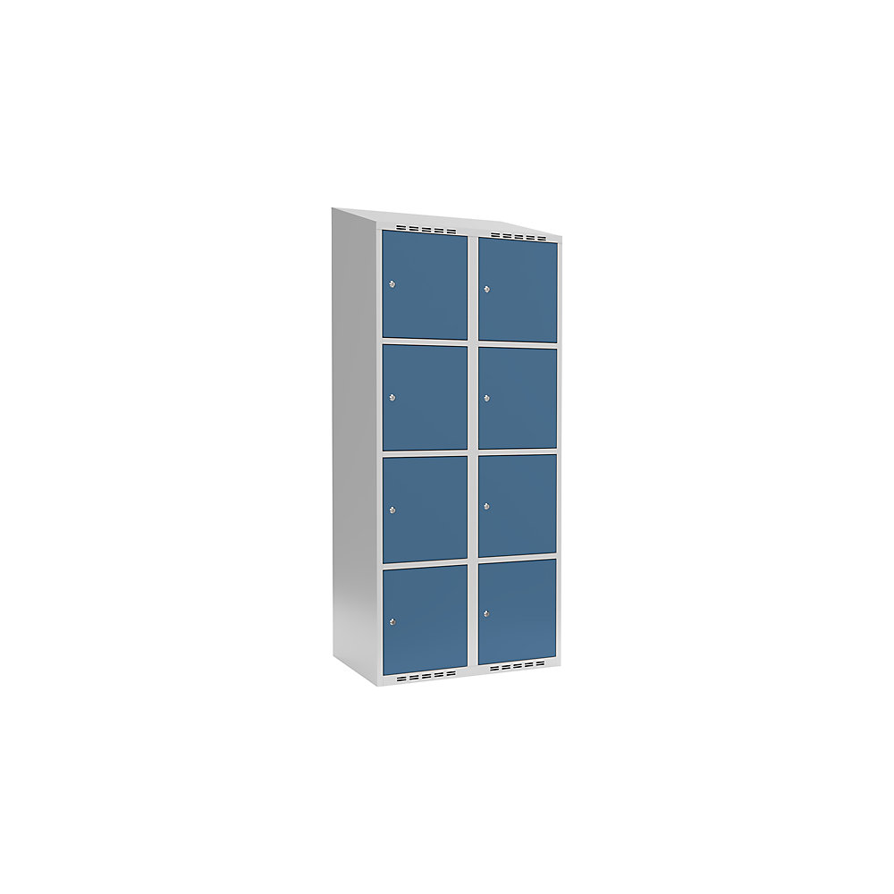 Armario de compartimentos bajo llave Fydor, 4 compartimentos, gris luminoso / azul brillante, A 800 mm, 2 compartimentos, techo inclinado, cerradura de cilindro