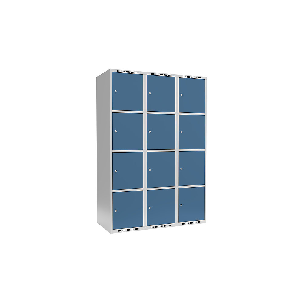 Armario de compartimentos bajo llave Fydor, 4 compartimentos, gris luminoso / azul brillante, A 1200 mm, 3 compartimentos, techo plano, cerradura de cilindro