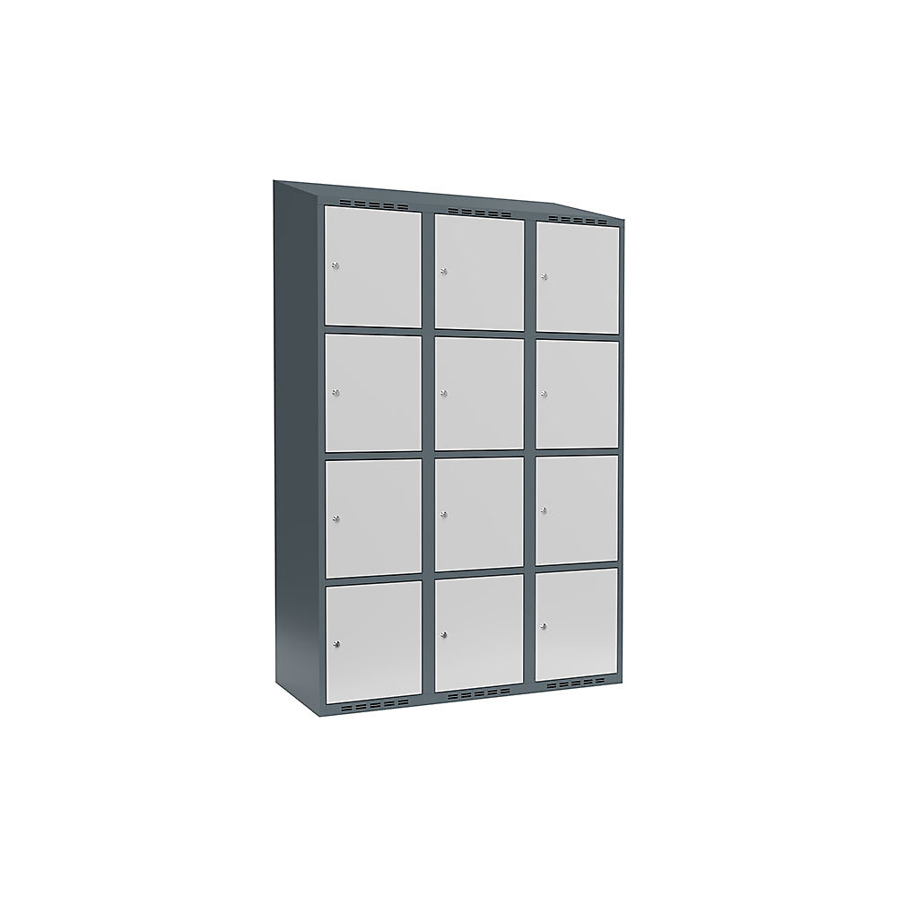 Armario de compartimentos bajo llave Fydor, 4 compartimentos, gris azulado / gris luminoso, A 1200 mm, 3 compartimentos, techo inclinado, cerradura de cilindro