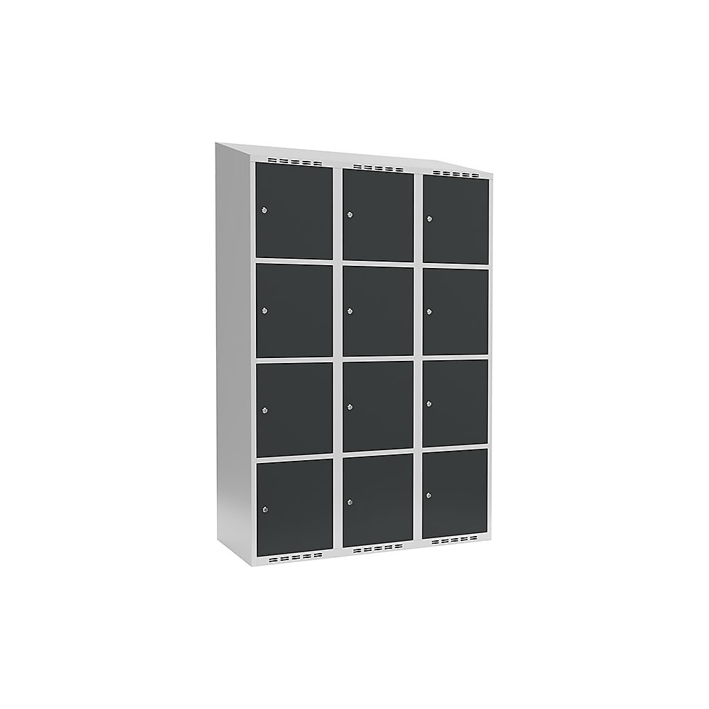 Armario de compartimentos bajo llave Fydor, 4 compartimentos, gris luminoso / gris, A 1200 mm, 3 compartimentos, techo inclinado, cerradura de cilindro
