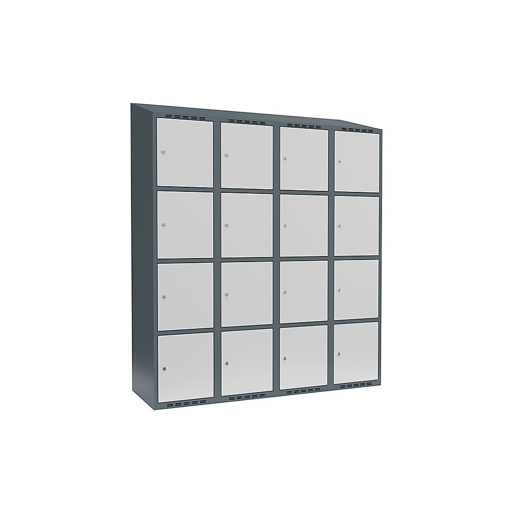 Armario de compartimentos bajo llave Fydor, 4 compartimentos, gris azulado / gris luminoso, A 1200 mm, 4 compartimentos, techo inclinado, cerradura de cilindro