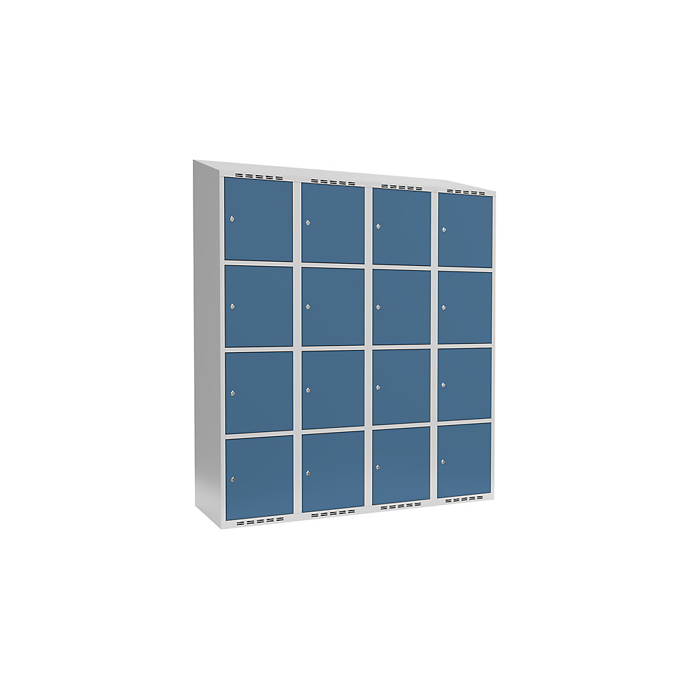 Armario de compartimentos bajo llave Fydor, 4 compartimentos, gris luminoso / azul brillante, A 1200 mm, 4 compartimentos, techo inclinado, cerradura de cilindro