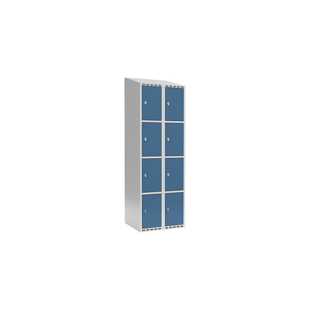 Armario de compartimentos bajo llave Fydor, 4 compartimentos, gris luminoso / azul brillante, A 600 mm, 2 compartimentos, techo inclinado, candado