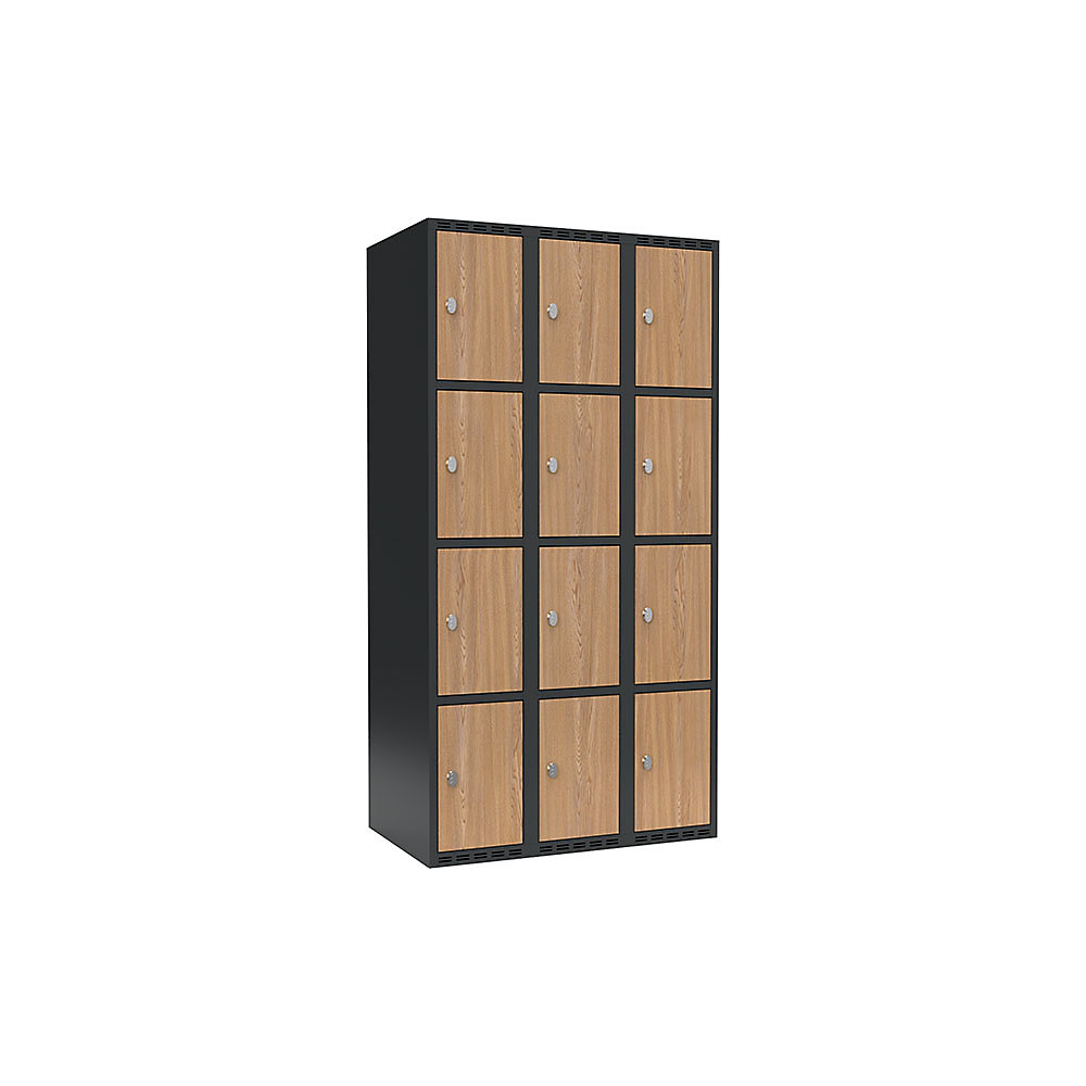 Lockerkast Fydor, 4 vakken, grijs / eikenhout, b = 900 mm, 3 compartimenten, platte bovenkant, hangslot