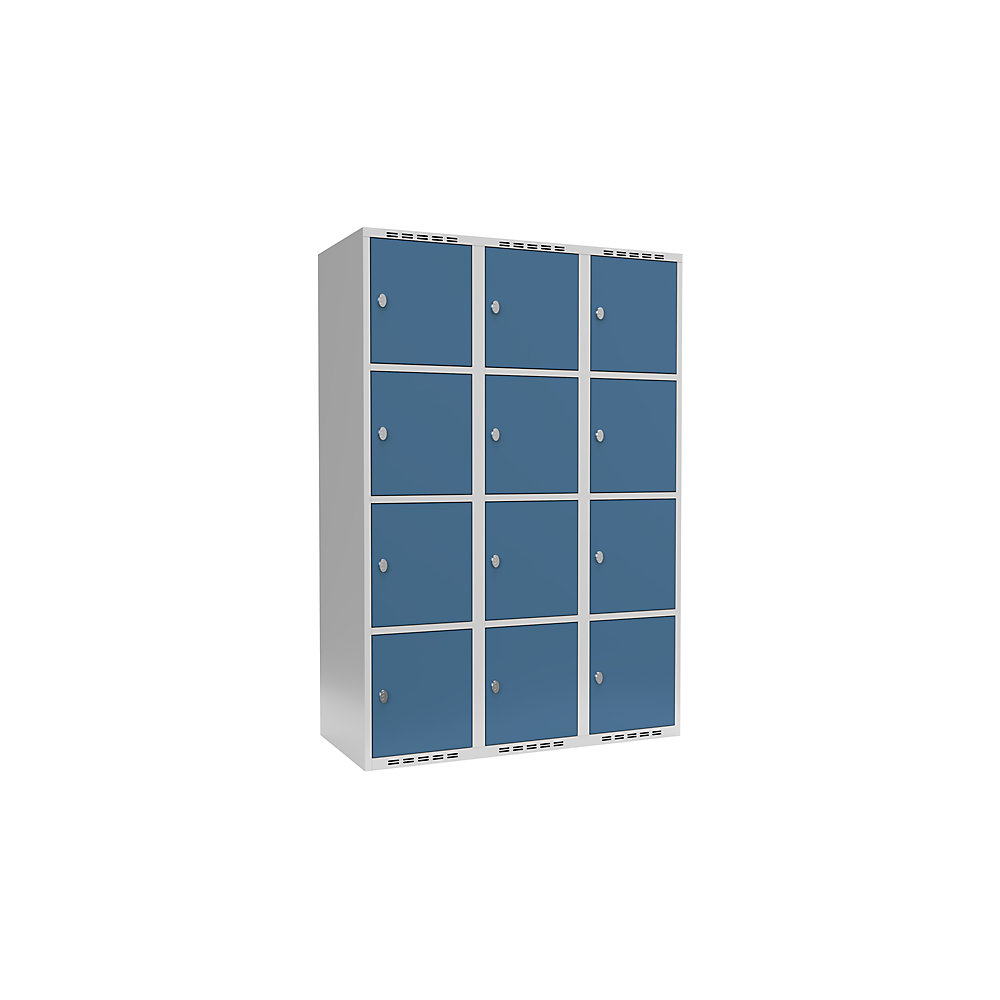 kaiserkraft 4er-Schließfachschrank Fydor, 3 Abteile, lichtgrau / brillantblau, B 1200 mm, 3 Abteile, flache Dachform, Vorhängeschloss
