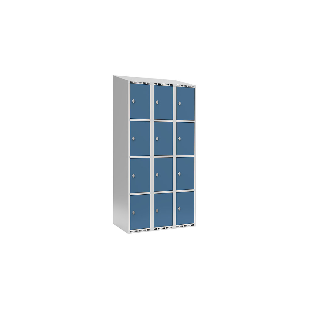 Armario de compartimentos bajo llave Fydor, 4 compartimentos, gris luminoso / azul brillante, A 900 mm, 3 compartimentos, techo inclinado, candado