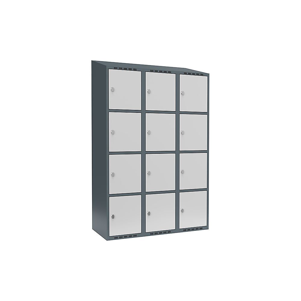 Armario de compartimentos bajo llave Fydor, 4 compartimentos, gris azulado / gris luminoso, A 1200 mm, 3 compartimentos, techo inclinado, candado