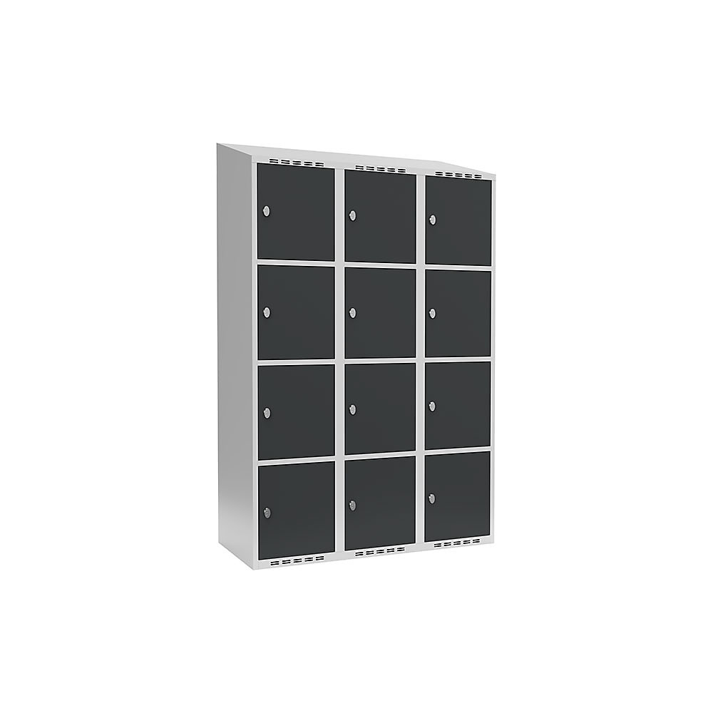 Armario de compartimentos bajo llave Fydor, 4 compartimentos, gris luminoso / gris, A 1200 mm, 3 compartimentos, techo inclinado, candado