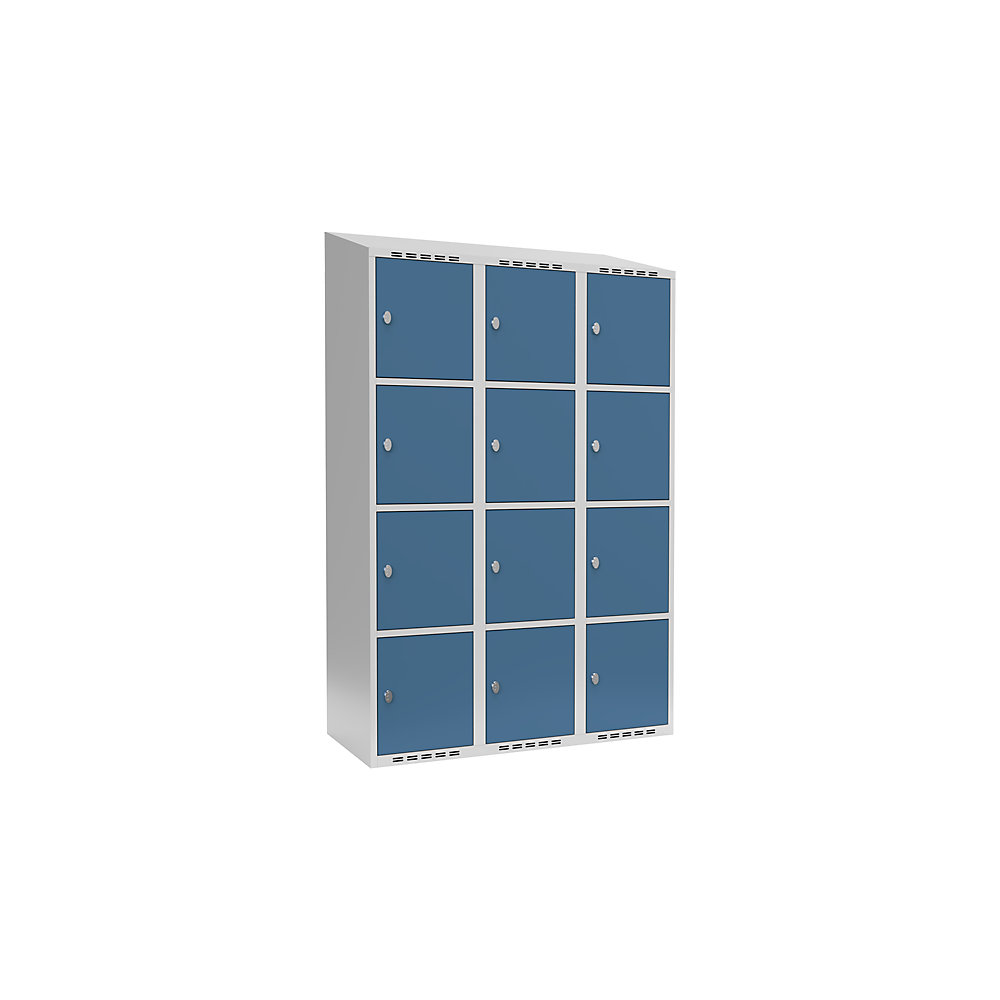 Armario de compartimentos bajo llave Fydor, 4 compartimentos, gris luminoso / azul brillante, A 1200 mm, 3 compartimentos, techo inclinado, candado
