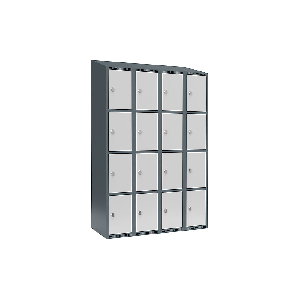 Armario de compartimentos bajo llave Fydor, 4 compartimentos, gris azulado / gris luminoso, A 1200 mm, 4 compartimentos, techo inclinado, candado