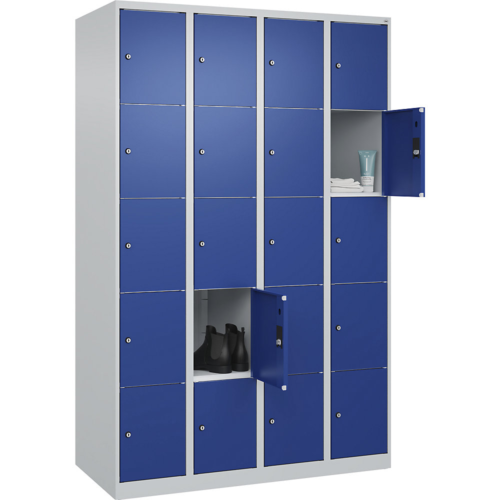 C+P Armario de compartimentos bajo llave Classic PLUS, 4 compartimentos, gris luminoso / azul genciana, anchura 1200 mm, 20 baldas, con tacos