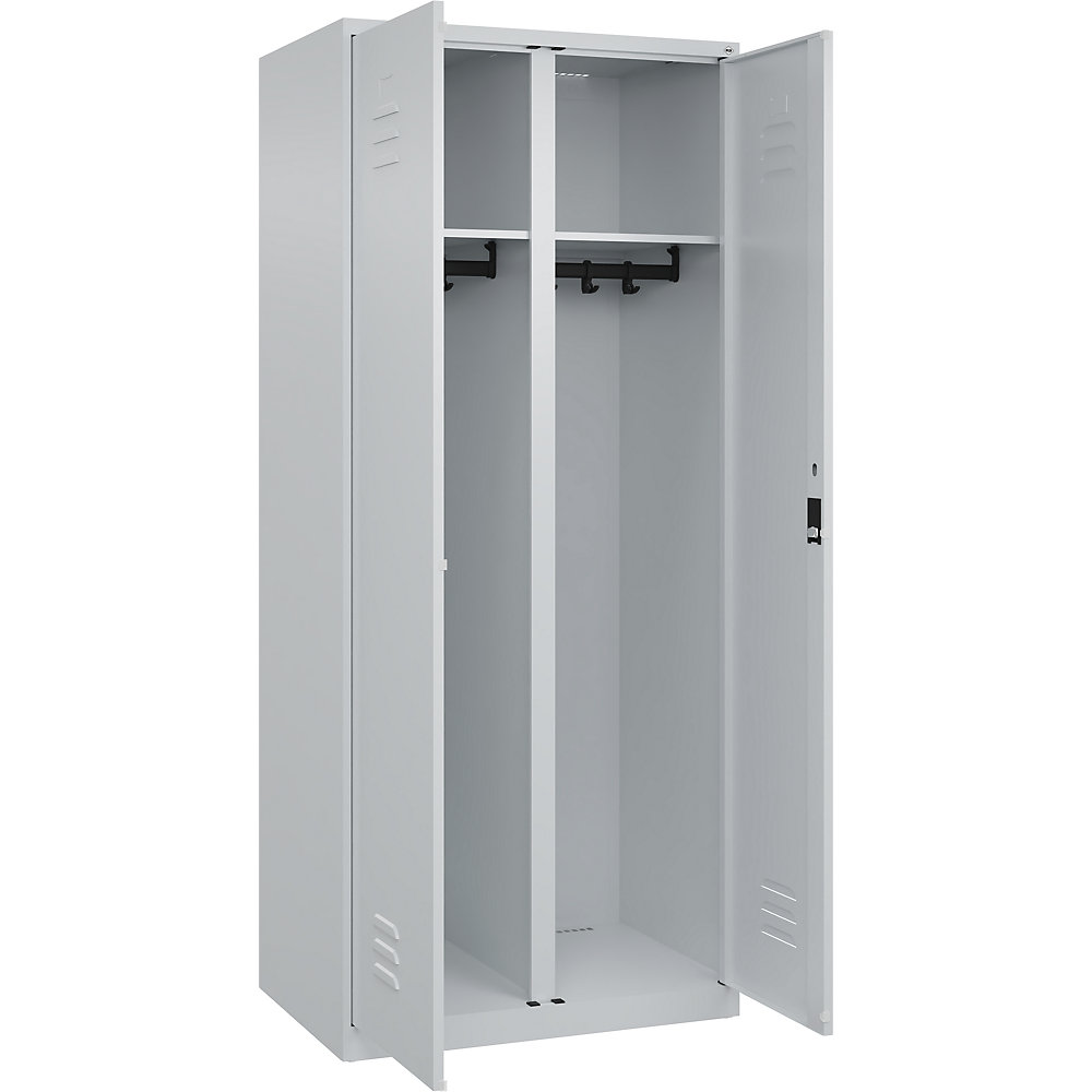 Schwarz-Weiß-Spind Classic PLUS, Trennwand mittig, 1 Abteil, lichtgrau, HxB 1850 x 800 mm, mit Bodengleitern, Zylinderschloss C+P