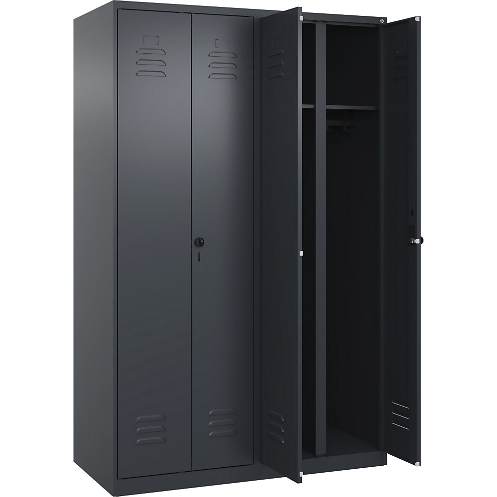 Schwarz-Weiß-Spind Classic PLUS, Trennwand mittig, 2 Abteile, grau, HxB 1850 x 1200 mm, mit Bodengleitern, Drehriegel C+P