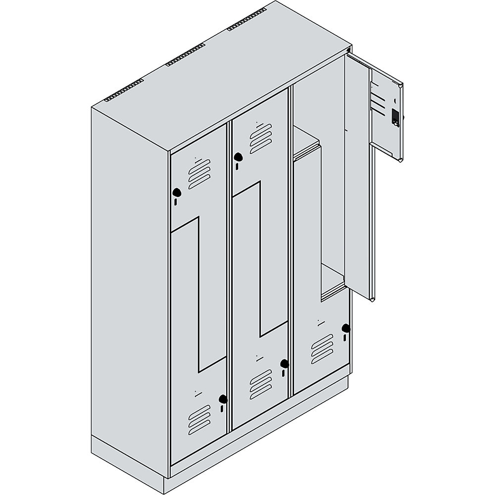 Z-Spind Classic PLUS, 3 Abteile, verkehrsweiß, B 1200 mm, mit Bodensockel, Drehriegel C+P 2