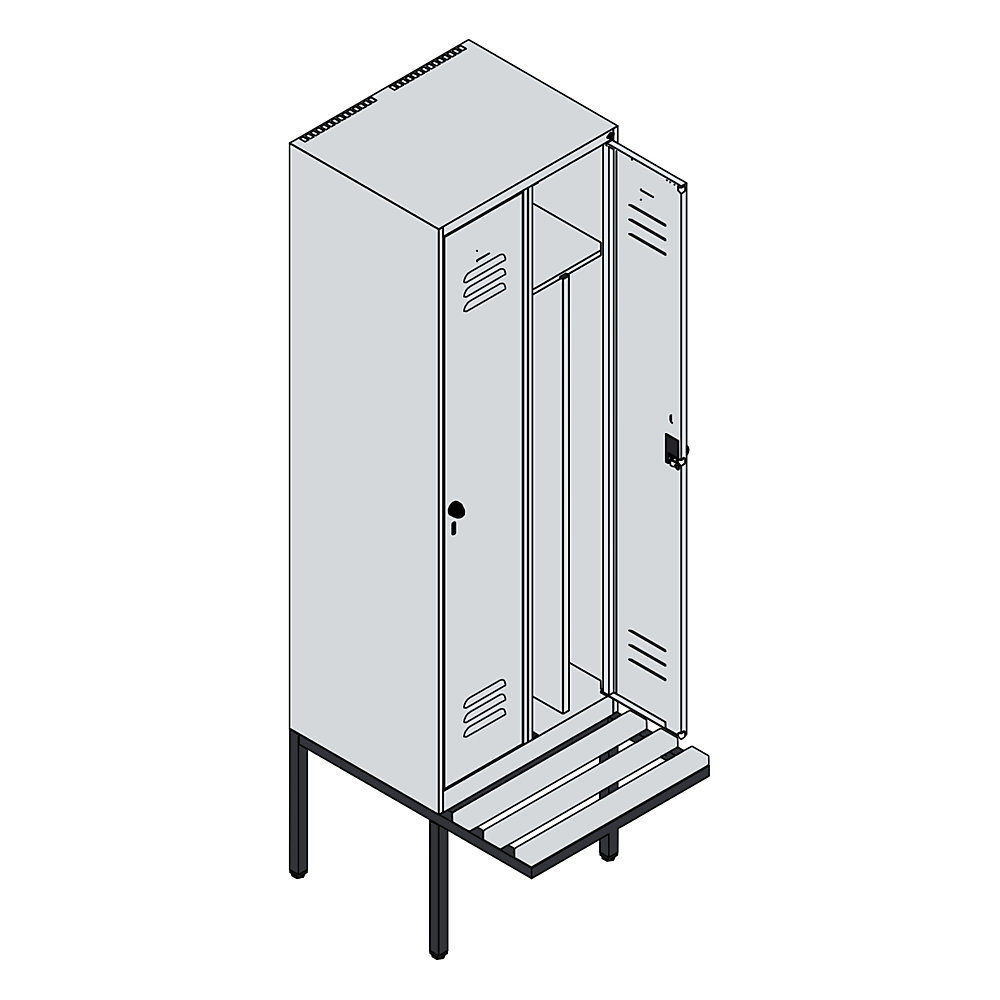 C+P Schwarz-Weiß-Spind Classic PLUS Sitzbank, schmal, 2 Abteile, verkürzte Trennwand mittig, lichtgrau / resedagrün, B 600 mm, Sicherheits-Drehriegel, 2