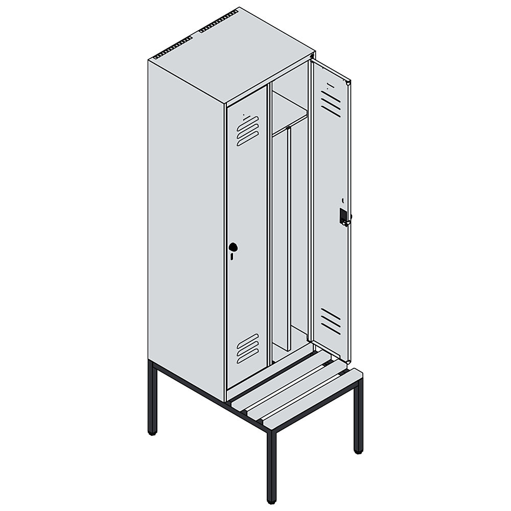 C+P Schwarz-Weiß-Spind Classic PLUS Sitzbank, schmal, 2 Abteile, verkürzte Trennwand mittig, lichtgrau / resedagrün, B 600 mm, Sicherheits-Drehriegel, 4