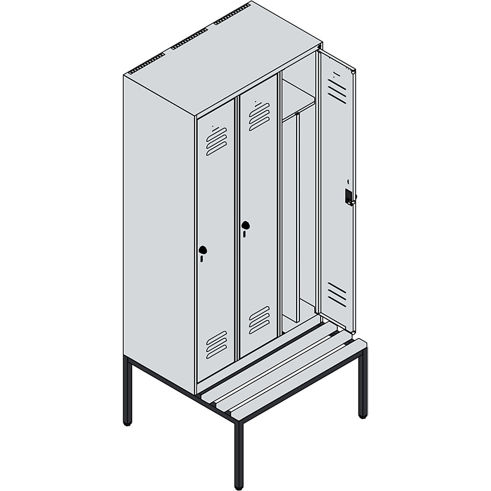 C+P Schwarz-Weiß-Spind Classic PLUS Sitzbank, schmal, 3 Abteile, verkürzte Trennwand mittig, grau, B 900 mm, Sicherheits-Drehriegel, untergebaut, 2