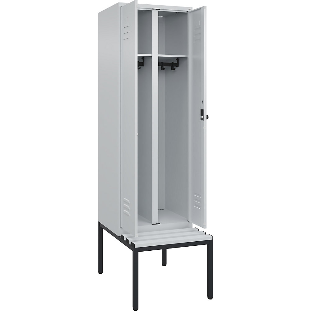 C+P Multifunctionele kledingkast Classic PLUS met zitbank, 1 compartiment, lichtgrijs, b = 600 mm, veiligheidsdraaigrendel, ondergebouwd, kunststof