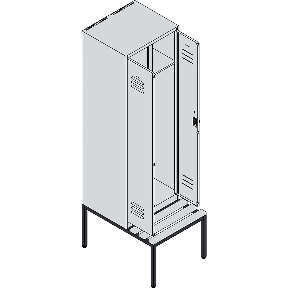 Schwarz-Weiß-Spind Classic PLUS Sitzbank, Trennwand mittig, 1 Abteil, verkehrsweiß, B 600 mm, Sicherheits-Drehriegel, untergebaut, Buche-Hartholz C+P 2