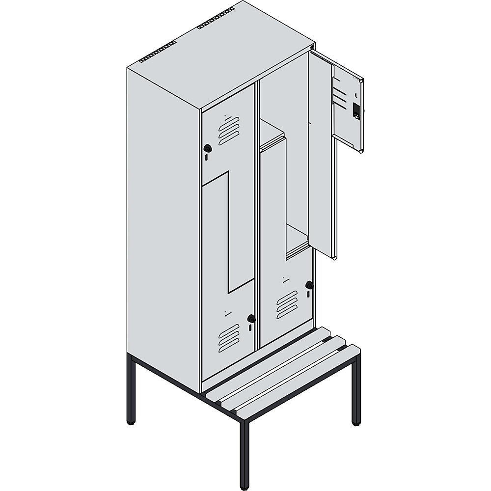 Z-Spind Classic PLUS Sitzbank, 2 Abteile, lichtgrau / enzianblau, B 800 mm, Sicherheits-Drehriegel, untergebaut, Buche-Hartholz C+P 2