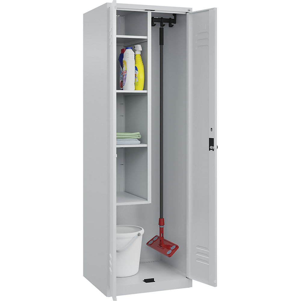 Putzmittelspind Classic PLUS, 1 Abteil, Trennwand mittig, verkürzt, lichtgrau, B 600 mm, mit Bodengleitern, Drehriegel C+P