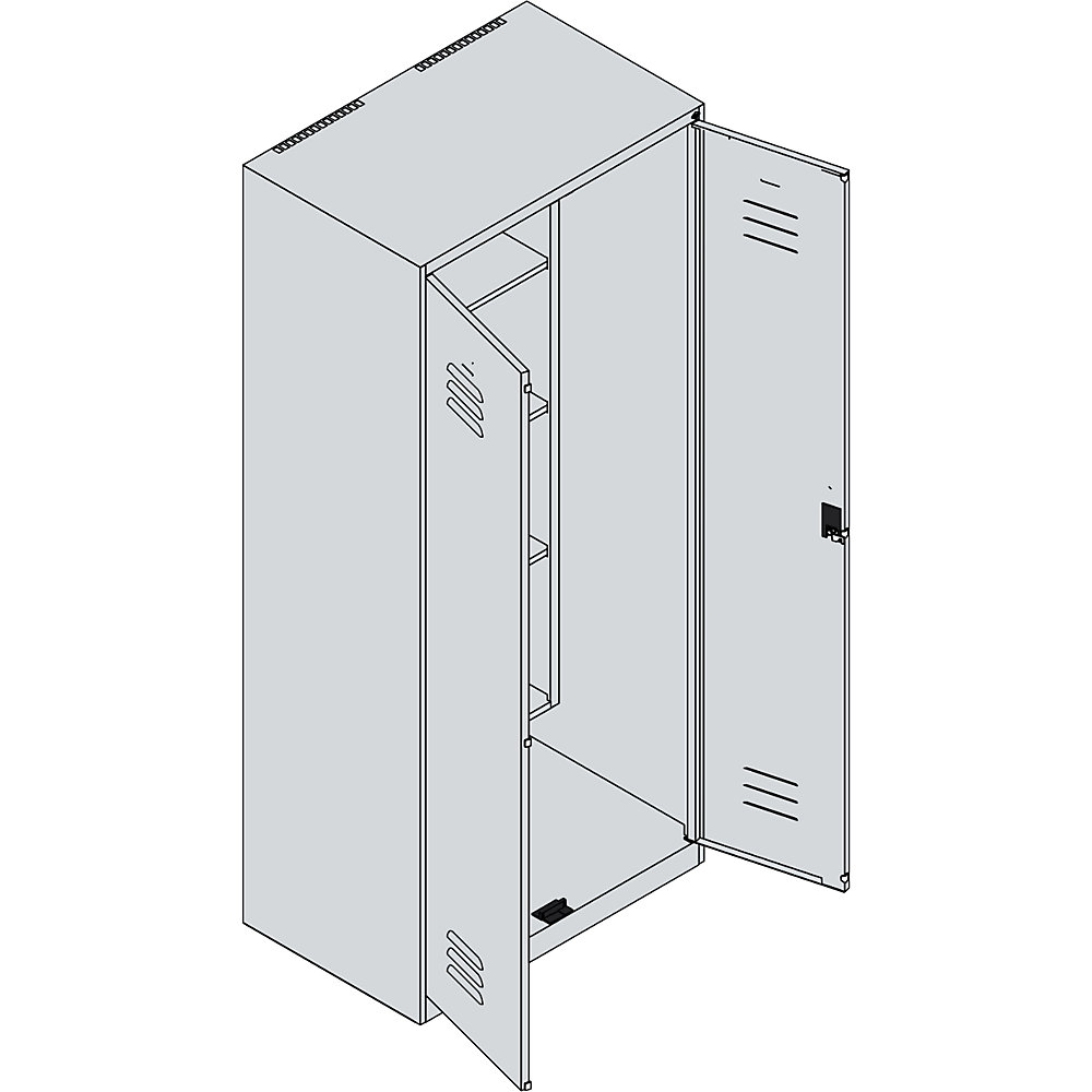 Putzmittelspind Classic PLUS, 1 Abteil, Trennwand mittig, verkürzt, lichtgrau, B 800 mm, mit Bodengleitern, Drehriegel C+P 2