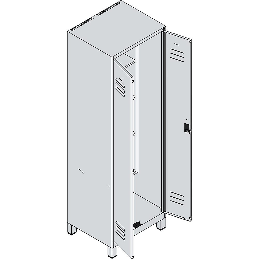 Putzmittelspind Classic PLUS, 1 Abteil, Trennwand mittig, verkürzt, lichtgrau / grau, B 600 mm, mit Füßen, Drehriegel C+P 2